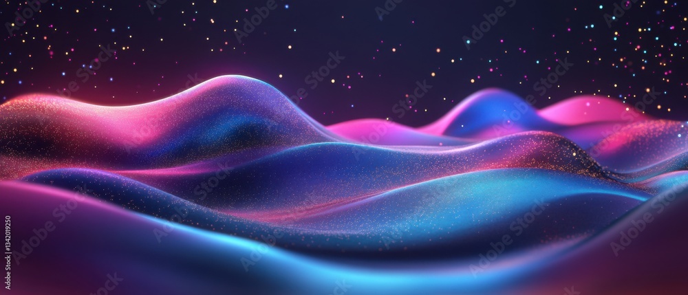 Obraz premium Abstract neon landscape with glowing particles and wavy shapes in a dark background Concept of futuristic technology, digital art, and modern design