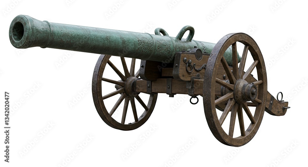 Antique Cannon with Wheels on White Background Historical Weaponry Antique Cannon with Wheels on White Background Historical Weaponry