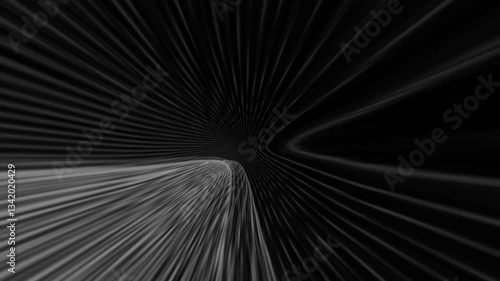 features a dynamic visual of light streaks converging into a central point against a dark backdrop, creating a sense of depth and motion. It evokes a feeling of entering a tunnel or portal, with the l
