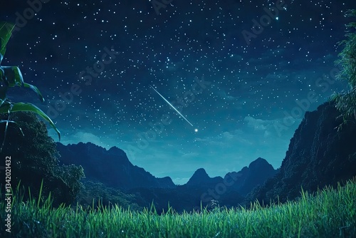 Starry night sky over tranquil mountain valley