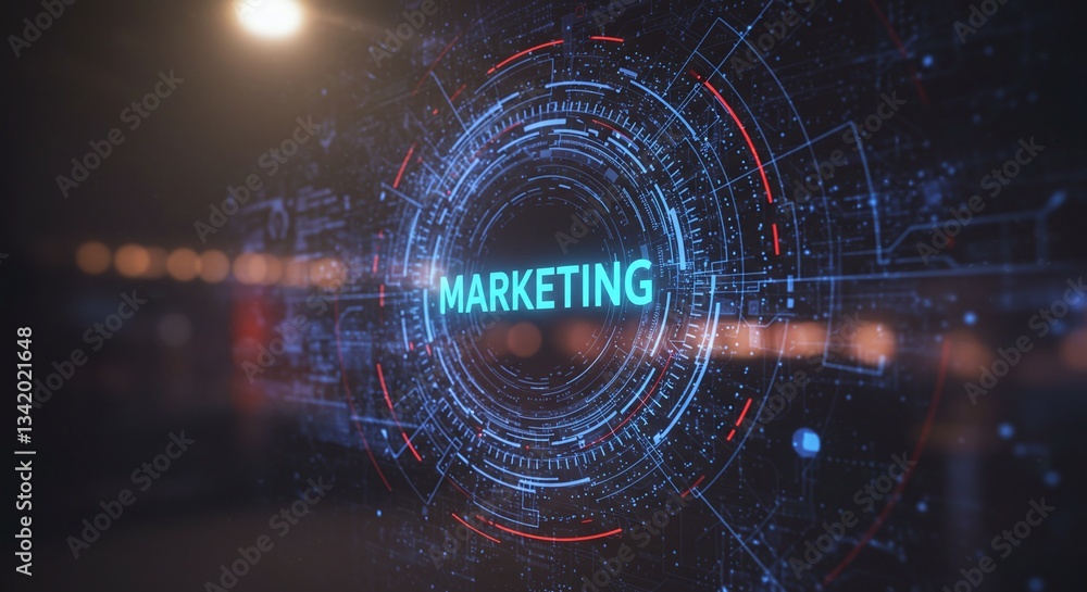 Fototapeta premium Digital Marketing: Captivating digital marketing visualization, showcasing a central hub of interconnected data streams and network pathways.