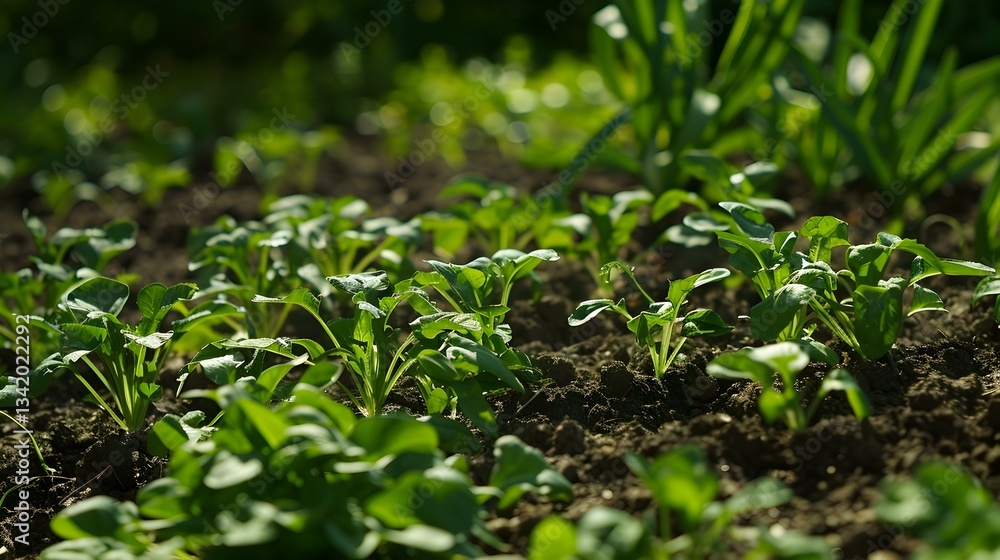 Lush green spinach seedlings thriving in fertile soil, bathed in sunlight. A vibrant close-up showcasing healthy growth and natural beauty. Lush green spinach seedlings thriving in fertile soil, bathed in sunlight. A vibrant close-up showcasing healthy growth and natural beauty.
