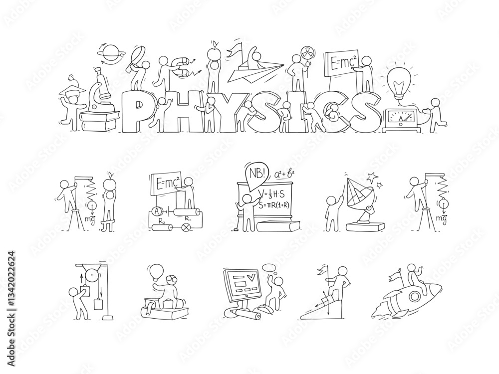 Fototapeta premium Science background with word Physics, lab and scientists. Concept of school education, experiments, research with doodle people with magnet, laboratory equipment, vector hand drawn illustration