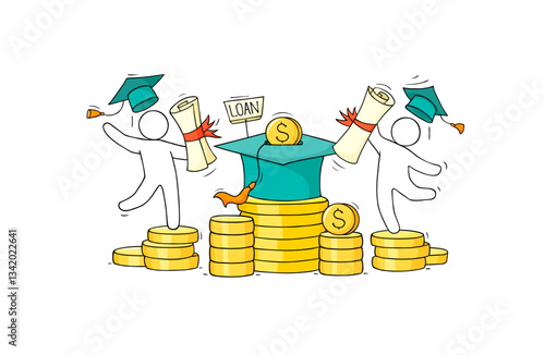 Concept of money savings for education and happy people with diplomas. Students with dollars on stack of coins, with hat. Vector hand drawn illustration