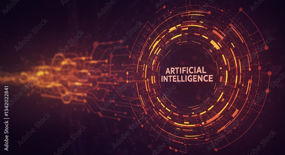 Fototapeta premium Digital intelligence: a stylized futuristic graphic of artificial intelligence, depicting interconnected circuits and a central text element. Evoking a sense of advanced technology, innovation.