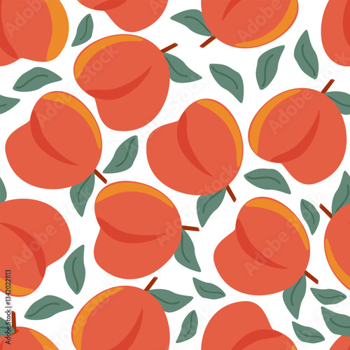 Seamless pattern ripe fruits peaches with leaves on a white background - vector background for the design of fabric, packaging, wallpaper
