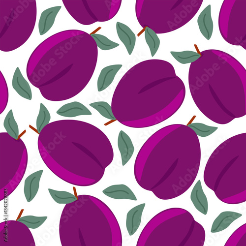 Seamless pattern ripe fruits plums with leaves on a white background - vector for packaging design, wallpaper, fabric