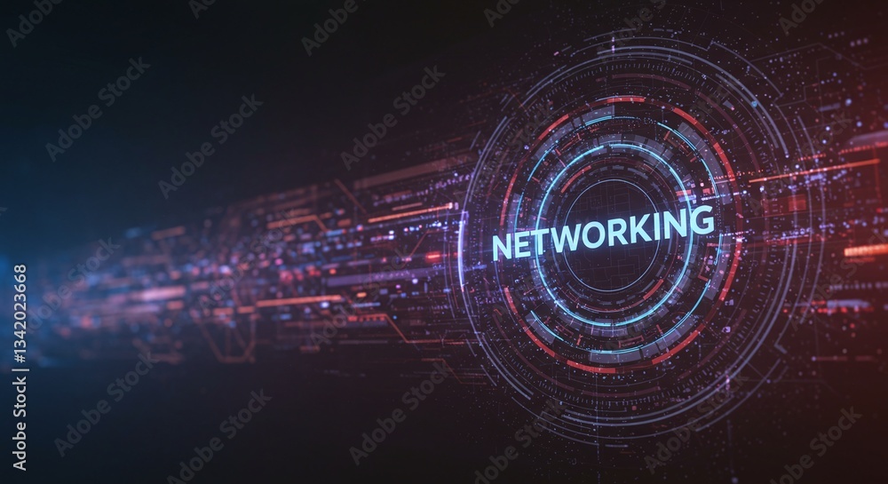 Fototapeta premium Networking Concept: A vibrant and modern digital representation of networking and connections, featuring glowing lines and concentric circles symbolizing data flow and interconnectedness.
