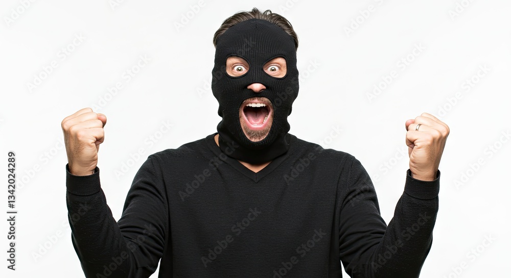Man in Balaclava Celebrating and Cheering with Exaggerated Expression on White Man in Balaclava Celebrating and Cheering with Exaggerated Expression on White