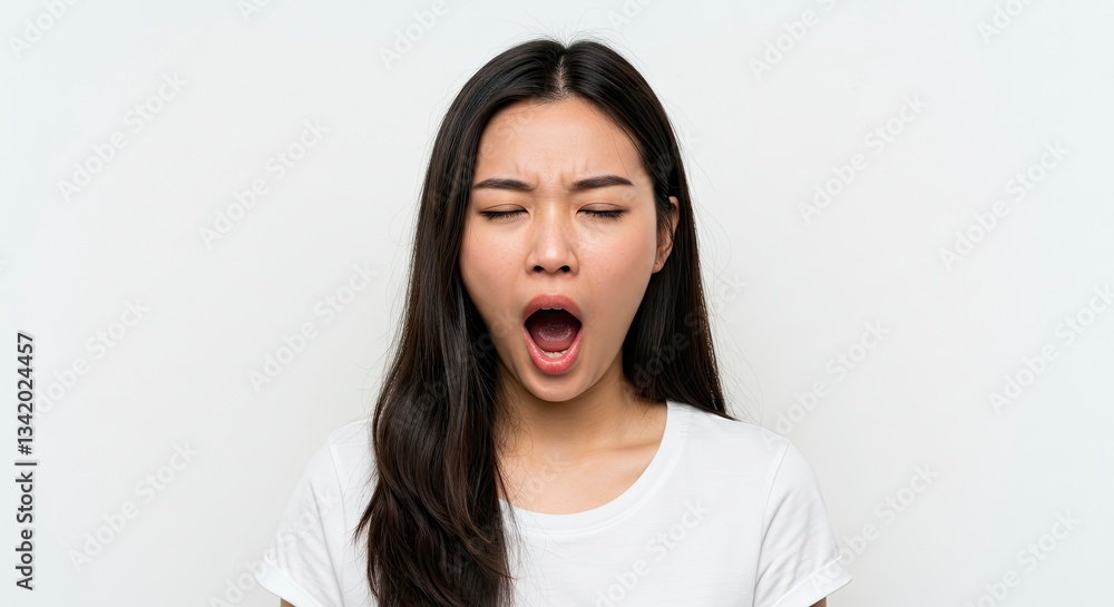 Asian Woman Yawning with Mouth Open in White Shirt Portrait Asian Woman Yawning with Mouth Open in White Shirt Portrait