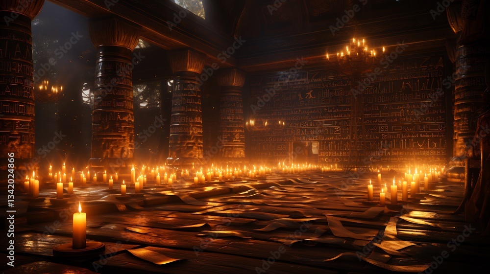 Naklejka premium Ancient wisdom revealed sacred egyptian texts hieroglyphic writings glowing surrounded mystical energy in a dark temple