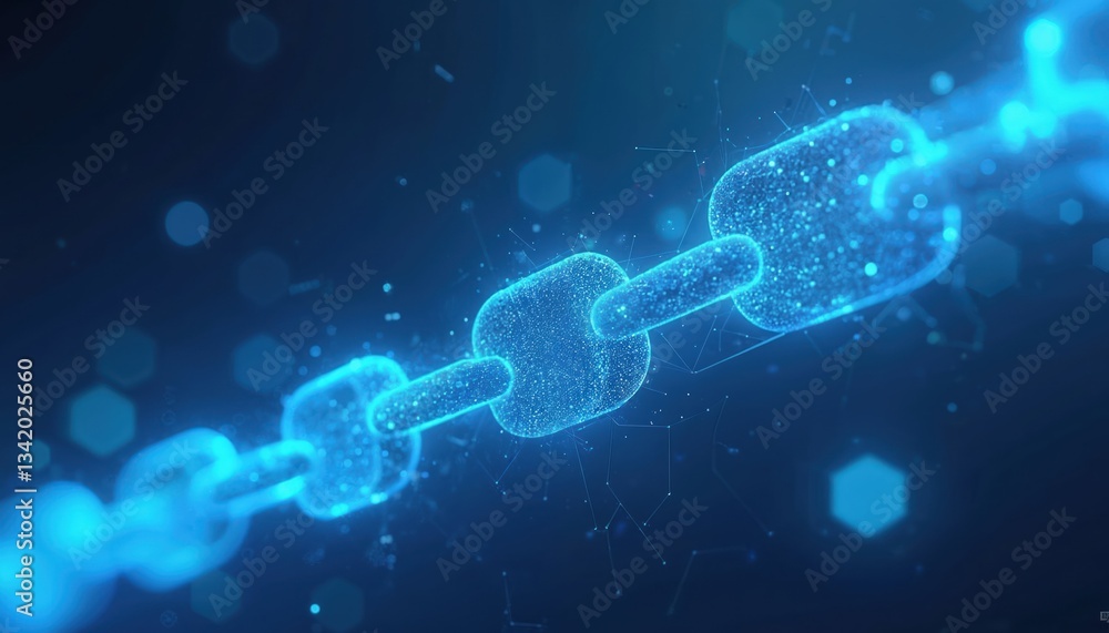Obraz premium Blue abstract background features chain of connected links. Linear pattern represents digital network, data security, cyberspace, modern connection. Interconnected links symbolize tech, innovation,