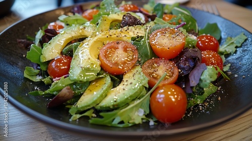 Fresh avocado and tomato salad on dark plate photo