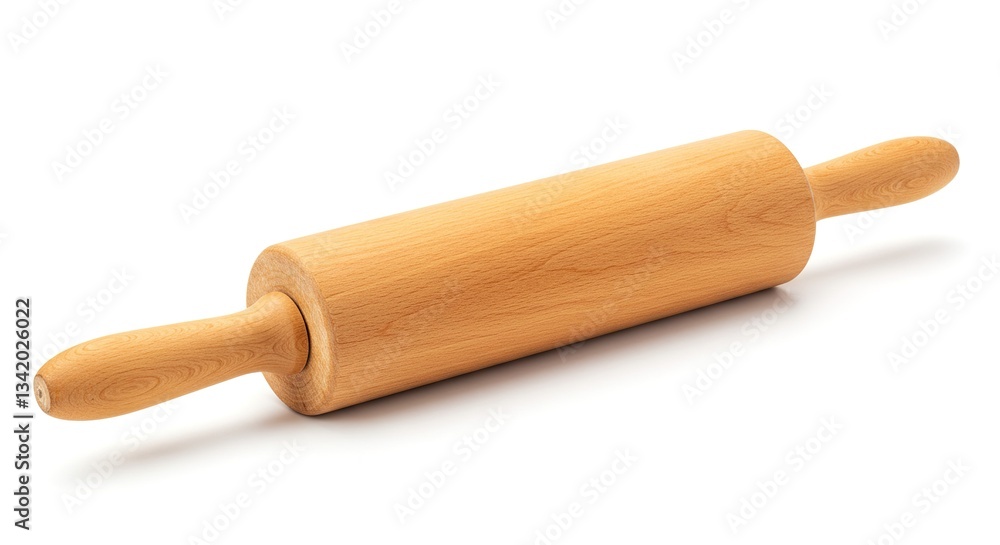 Natural Wooden Rolling Pin with Ergonomic Handles on Crisp White Background - Essential Baking Tool for Home and Professional Kitchens. Natural Wooden Rolling Pin with Ergonomic Handles on Crisp White Background - Essential Baking Tool for Home and Professional Kitchens.