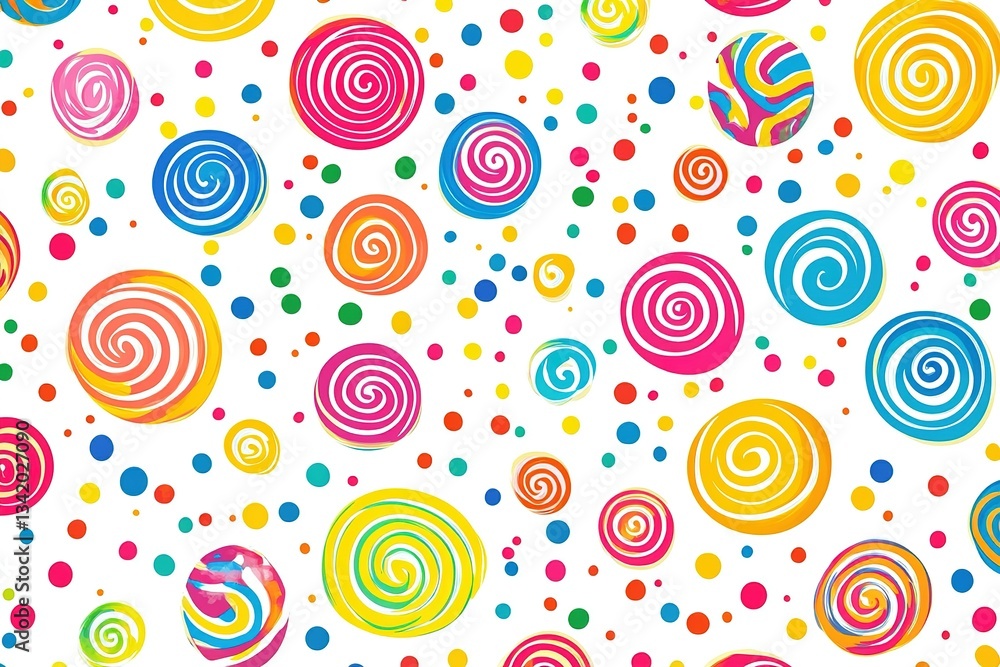 A cheerful repeating pattern of colorful swirled candies and dots on a white backdrop A cheerful repeating pattern of colorful swirled candies and dots on a white backdrop