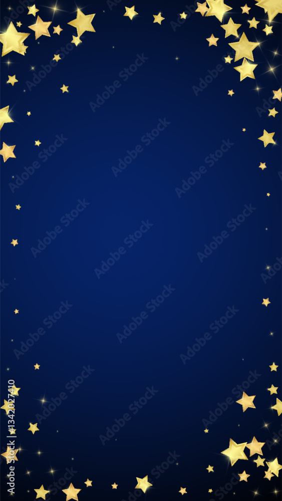 Magic stars vector overlay. Gold stars scattered around randomly, falling down, floating. Chaotic dreamy childish overlay template. Vector magic overlay on dark blue background. Magic stars vector overlay. Gold stars scattered around randomly, falling down, floating. Chaotic dreamy childish overlay template. Vector magic overlay on dark blue background.