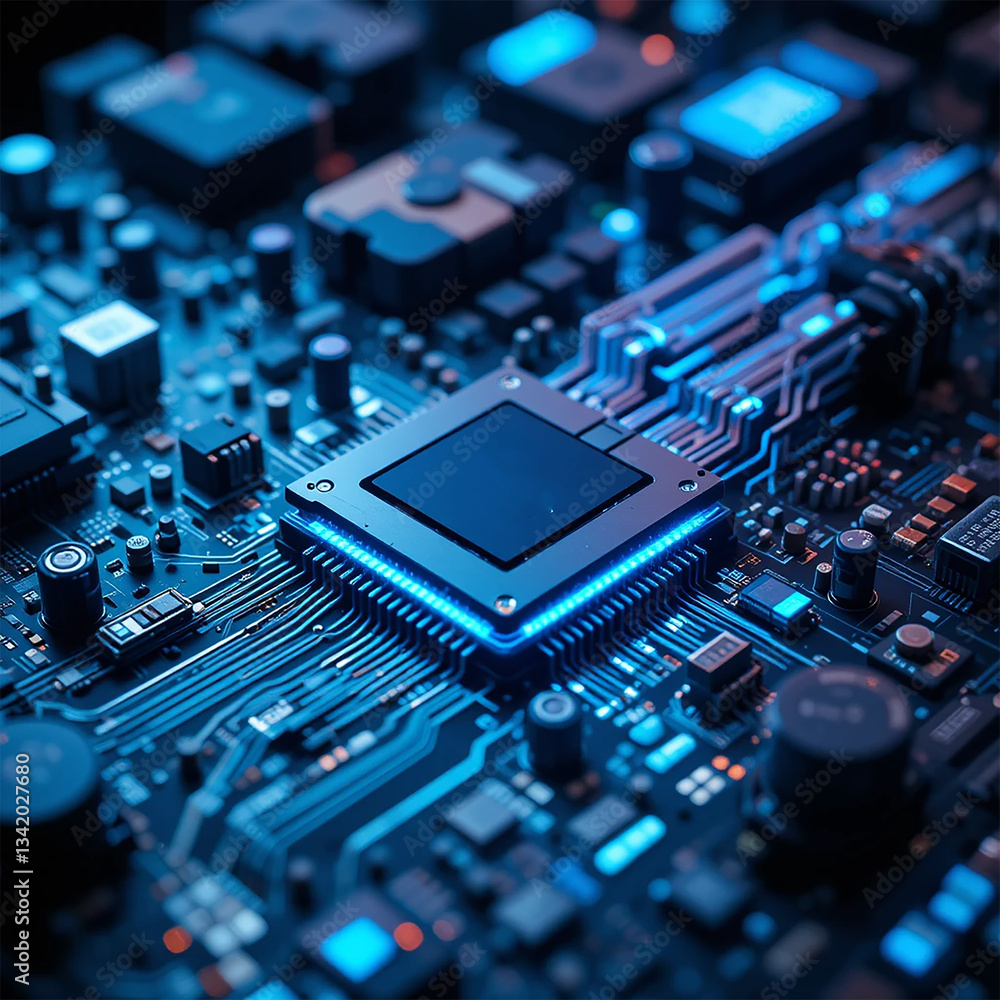 Fototapeta premium A blue circuit board with an electronic chip glowing in the center, representing advanced technology and data transfer.