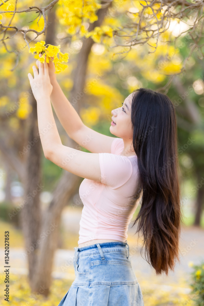 Portrait cute smiles Asian of attractive young teenage girl in Beautiful blooming Yellow Golden Tabebuia Chrysotricha flowers with the park in spring day at Evening background in Thailand.