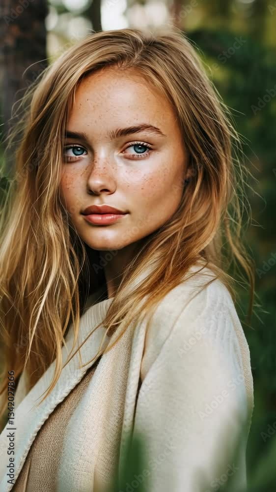 Young woman with long hair and freckles stands among lush greenery during golden hour in a serene outdoor setting Young woman with long hair and freckles stands among lush greenery during golden hour in a serene outdoor setting