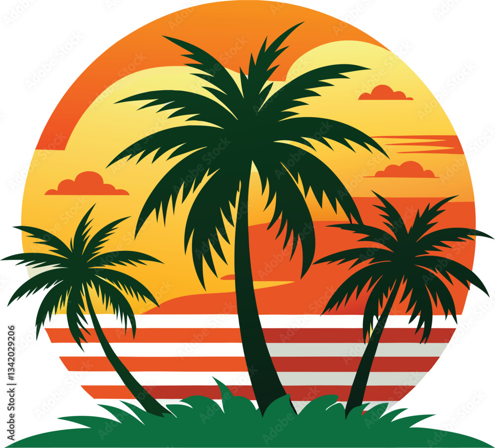 Fototapeta premium Retro Sunset with Palm Trees – Vintage Tropical Vector Design