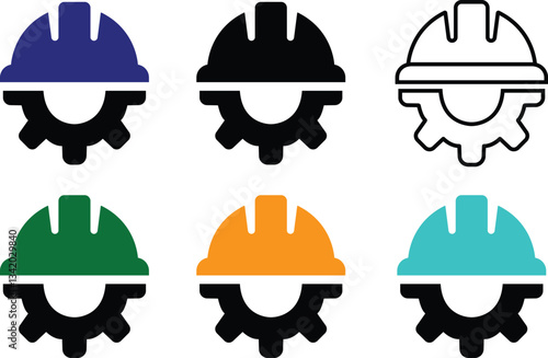 Construction helmet on gear icons in flat, line set. isolated on transparent background