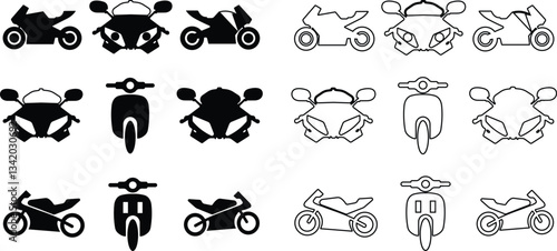 motorcycle and motorbike icon in flat, line set isolated on transparent background