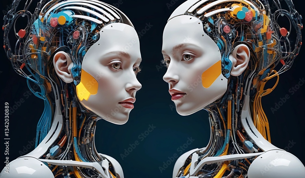 Fototapeta premium Futuristic AI Twin Robots in a Cybernetic Symmetry Concept