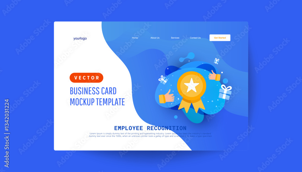 A creative design for Employee Recognition, featuring a business card mockup template with vibrant colors and a star medal. The perfect illustration for celebrating achievements and company