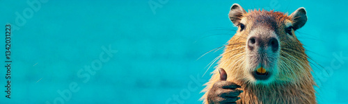 Portrait of a beautiful happy capybara showing thumbs up for a great job on isolated blue background.