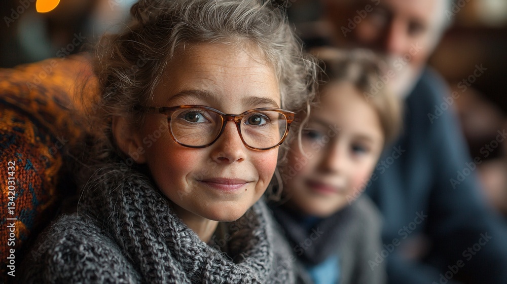 Girl smiling, sister behind, cafe background, family portrait Girl smiling, sister behind, cafe background, family portrait