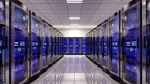 Modern server room with rows of illuminated servers.  Perfect for technology, data center, and networking concepts.
