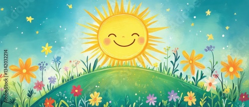 Fototapeta Naklejka Na Ścianę i Meble -  Cheerful smiling sun illustration over green hill with colorful flowers and stars in the sky Concept of summer, spring, happiness, and childrens illustration
