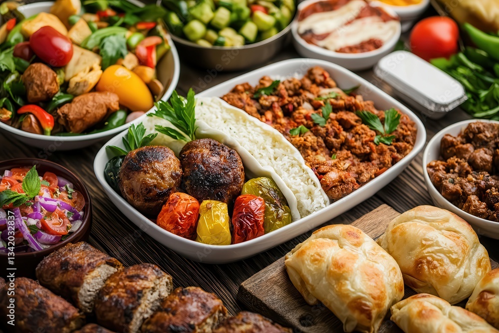 Halal food religion faith connection. Delicious spread of diverse dishes on a wooden table. Halal food religion faith connection. Delicious spread of diverse dishes on a wooden table.