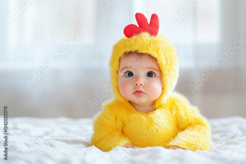 Adorable baby in a fluffy yellow chicken costume lying on a bed. Big eyes and a cute expression make this perfect for Easter, baby themes, and children's content