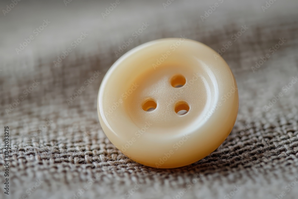 A close up of a beige button on textured fabric A close up of a beige button on textured fabric