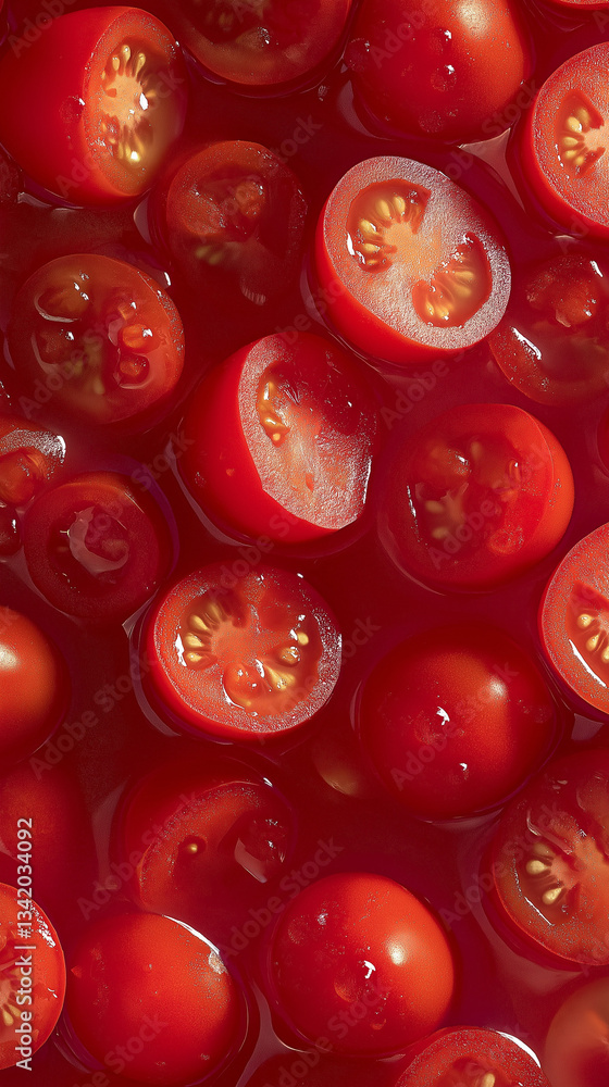 Close-up of fresh cherry tomatoes submerged in their own juice. Perfect for fresh produce, healthy eating, and cooking ingredients themes.
Close-up of fresh cherry tomatoes submerged in their own juice. Perfect for fresh produce, healthy eating, and cooking ingredients themes.