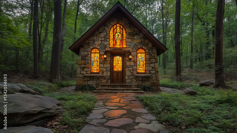 Stone chapel with stained glass windows in a serene woodland, spiritual retreat Stone chapel with stained glass windows in a serene woodland, spiritual retreat