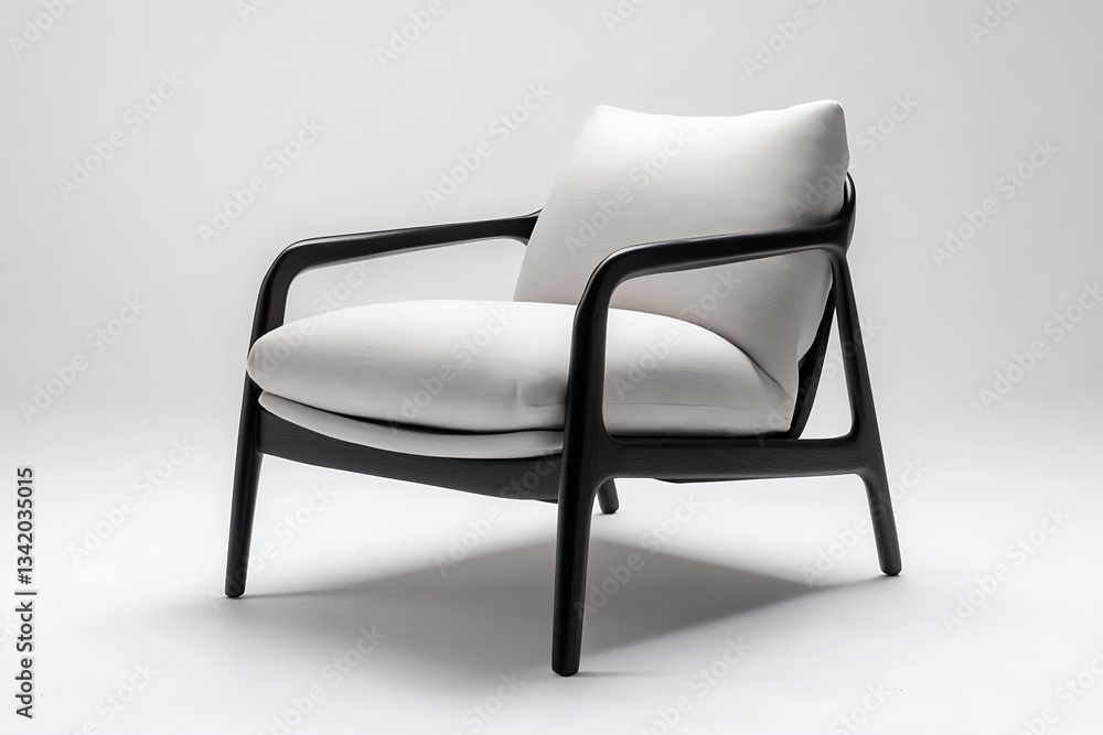 Fototapeta premium Lounge chair with a matte black wooden frame and a light gray linen seat