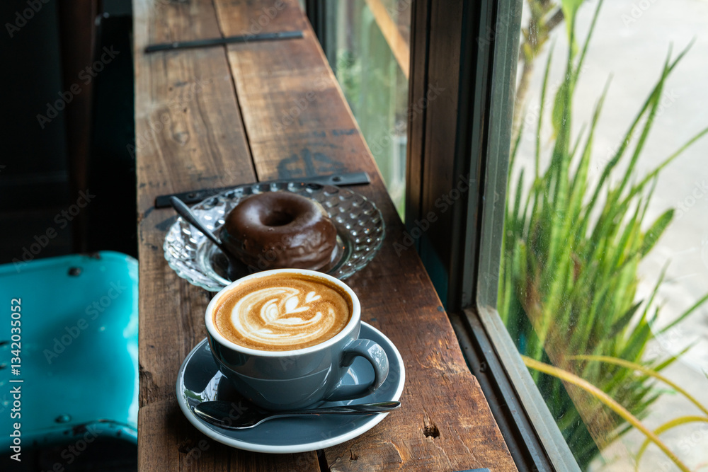 Hot coffee latte with latte art milk foam in cup mug and Homemade chocolate Donut on wood desk on top view. As breakfast In a coffee shop at the cafe,during business work concept,vintage style