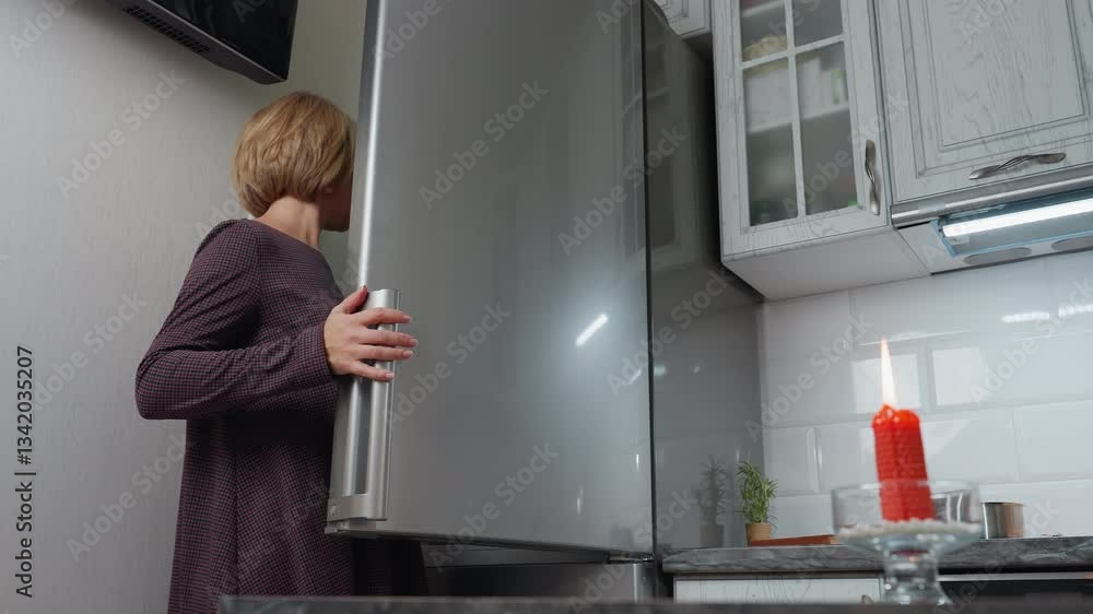 Woman opens fridge to retrieve a crate of eggs while standing near a wall socket and television, she then closes the fridge, walks away, and places the eggs on the countertop in a modern kitchen Woman opens fridge to retrieve a crate of eggs while standing near a wall socket and television, she then closes the fridge, walks away, and places the eggs on the countertop in a modern kitchen