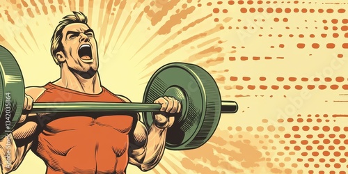 Dynamic Cartoonish Illustration of a Muscular Man Lifting Weights in a Vibrant Pop Art Style for Comic Book or Graphic Novel Scene