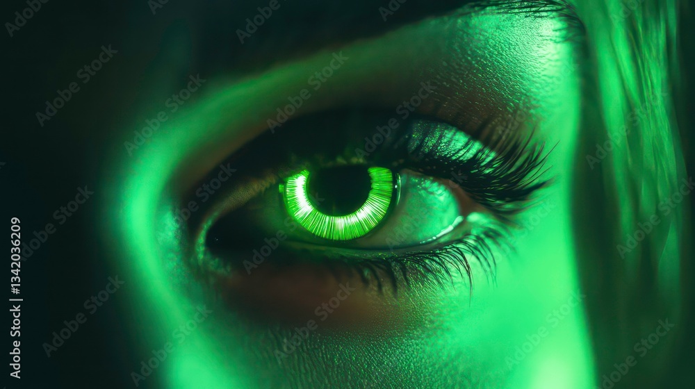 Fototapeta premium Close-up glowing green eye, artistic lighting