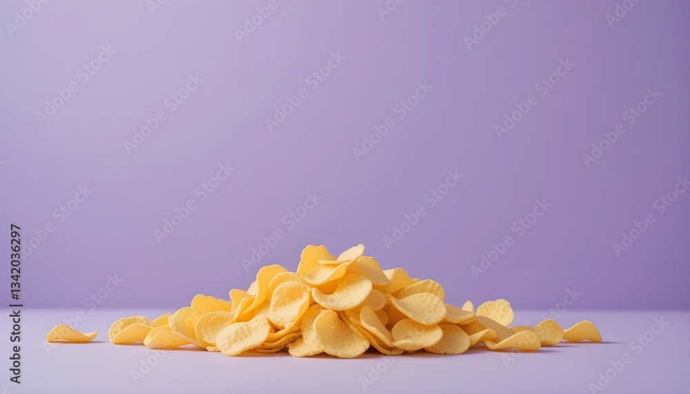 A gentle purple backdrop with a mound of potato chips in the center A gentle purple backdrop with a mound of potato chips in the center