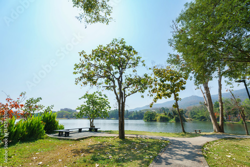a public place leisure travel landscape lake views at Ang Kaew Chiang Mai University and Doi Suthep nature forest Mountain views spring cloudy sky background with white cloud.