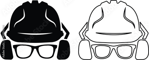 Construction helmet on gear icons in flat, line set. isolated on transparent background