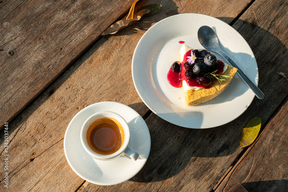 Hot coffee espresso in cup mug and Homemade Blueberry cheesecake wood desk on wood desk on top view. As breakfast In a coffee shop at the cafe,during business work concept