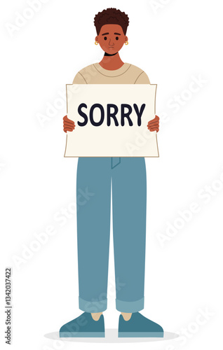 Attractive young african woman begging for forgiveness and holding a SORRY sign. Flat vector illustration isolated on white background