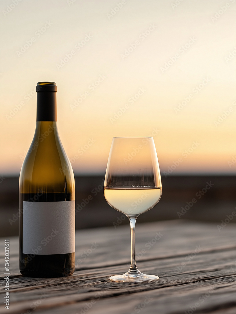 Wine bottle and glass set against a serene sunset over the horizon creating a peaceful evening atmosphere Wine bottle and glass set against a serene sunset over the horizon creating a peaceful evening atmosphere