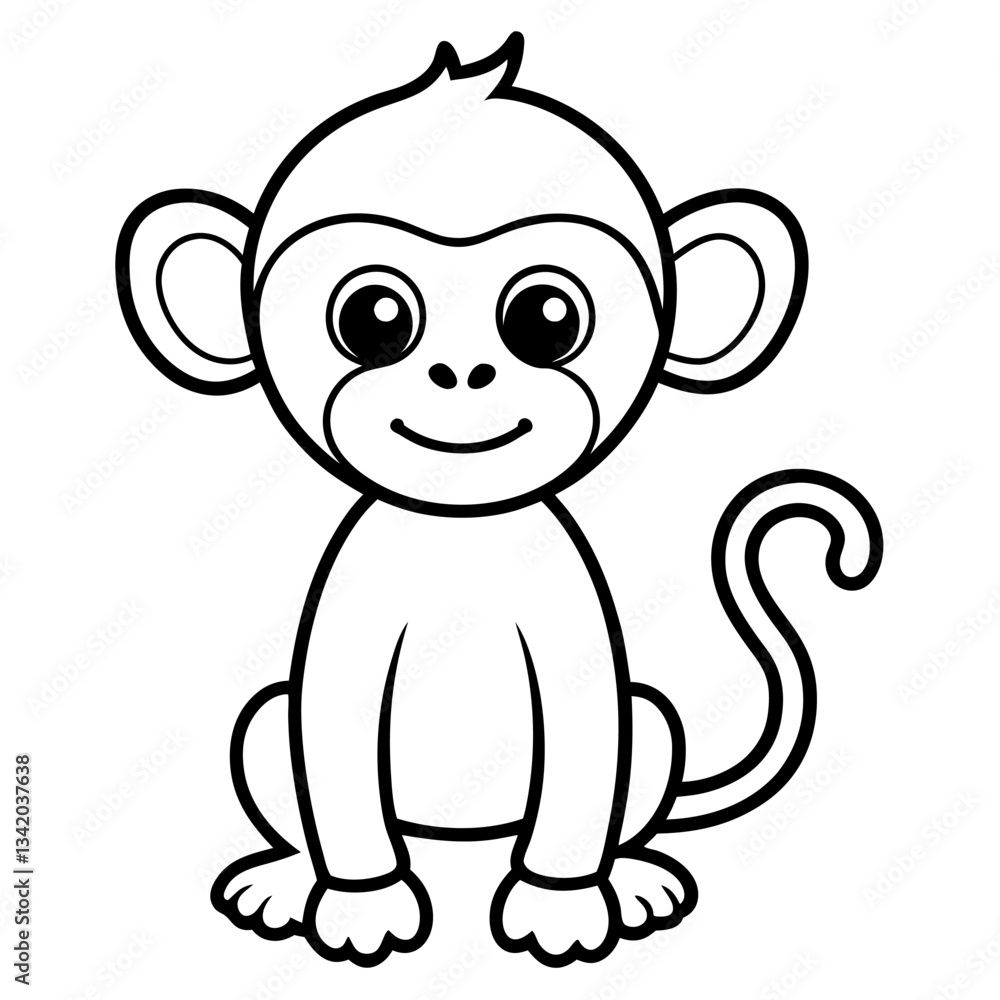 Cartoon Monkey Outline Cute Primate, Smiling Face, Playful Tail, Black and White for Coloring Cartoon Monkey Outline Cute Primate, Smiling Face, Playful Tail, Black and White for Coloring