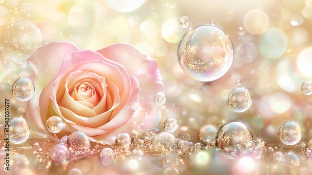 Fototapeta premium Delicate rose, bubbles, soft golden background